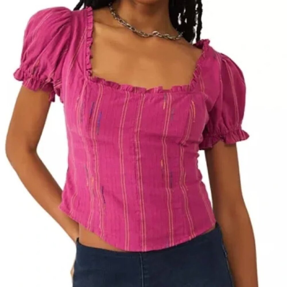 Free People Serotonin Corset Style Smocked Back Top Raspberry Sherbert XS